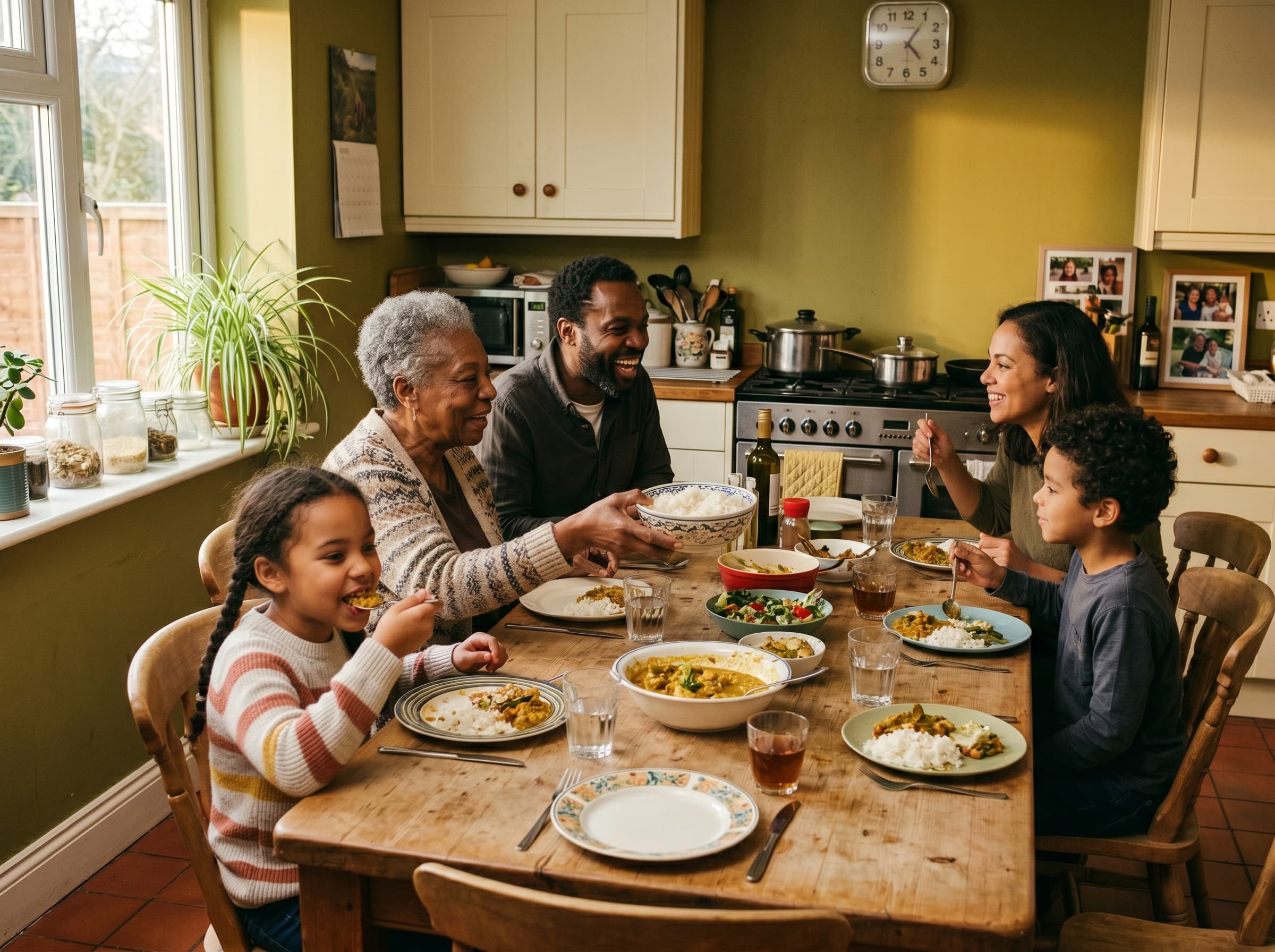 Three generations at a kitchen table, laughing.