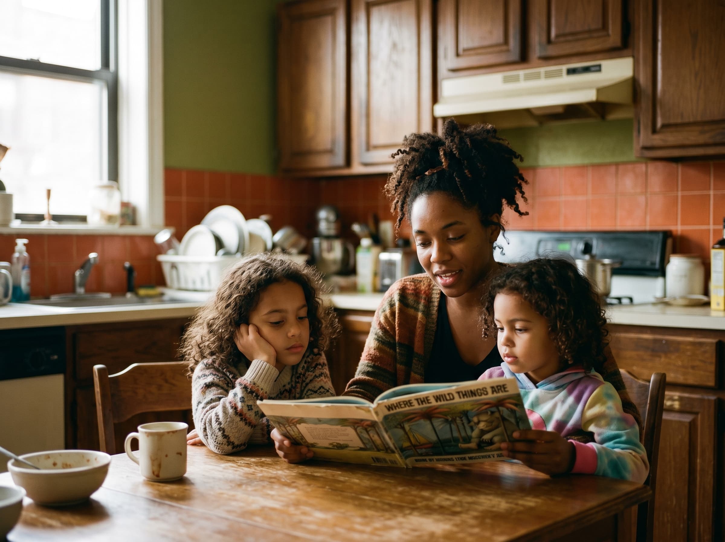 Une jeune accompagnatrice lisant à deux enfants à la table de cuisine.