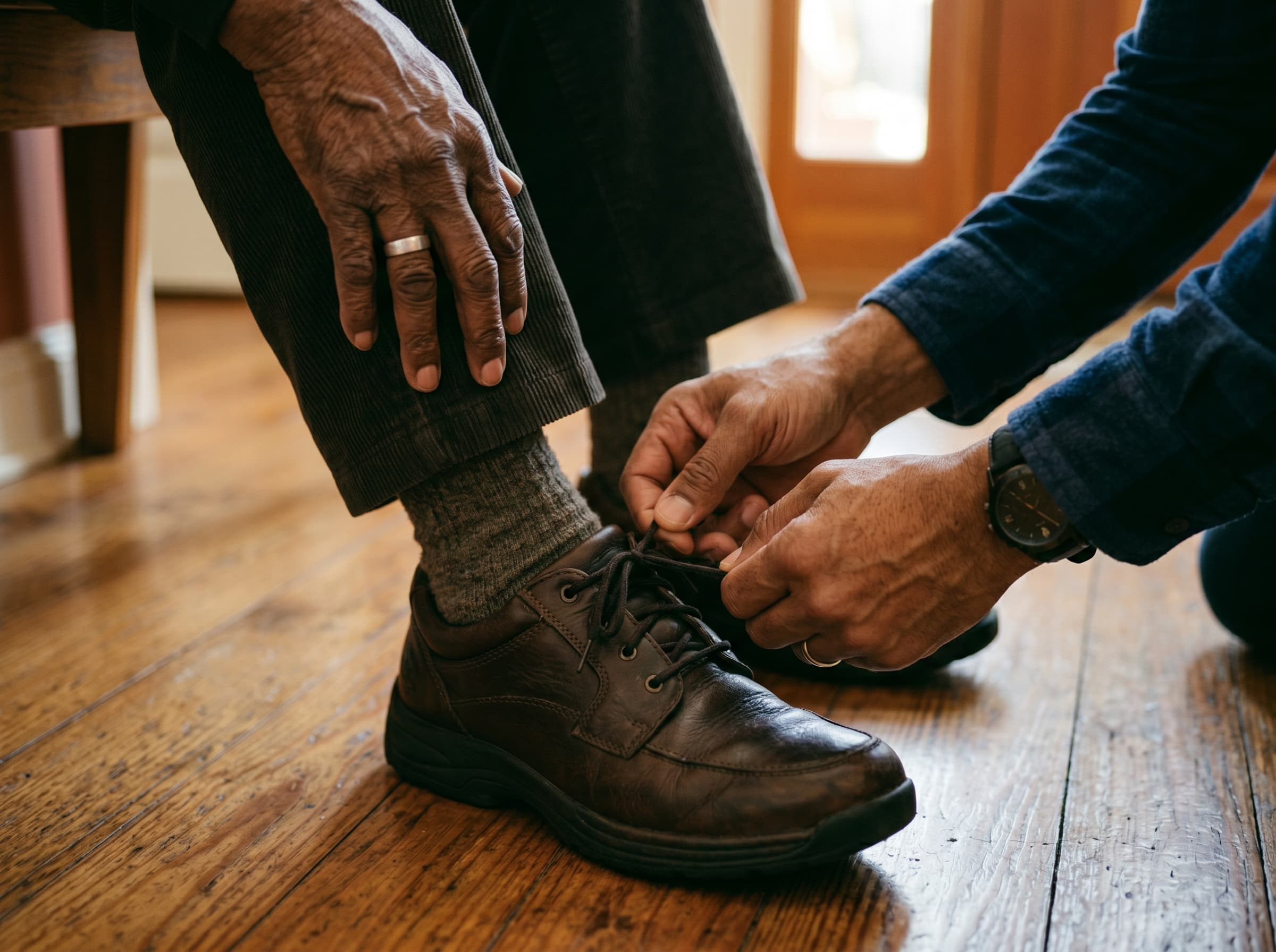 Close-up of hands helping an elderly man tie his shoes.