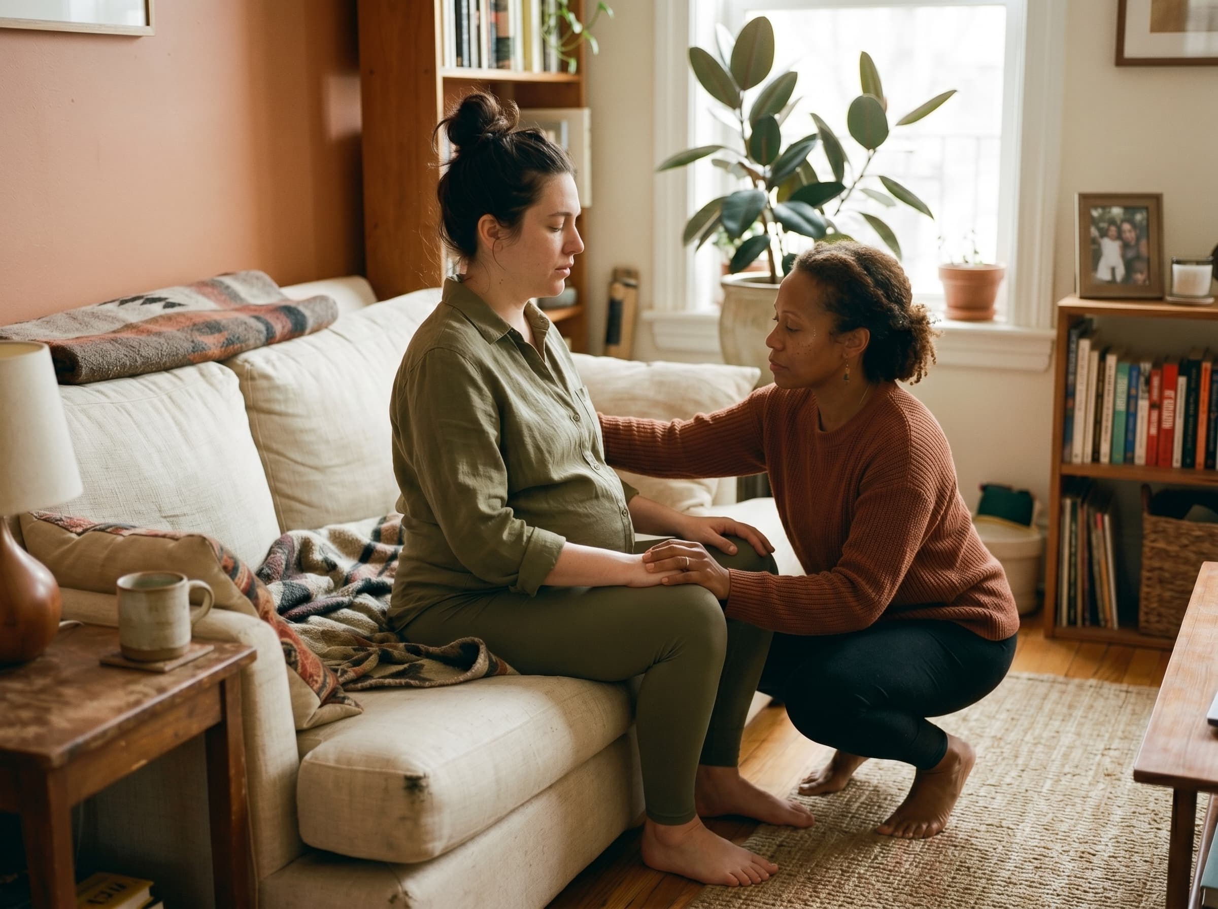 A doula with her hand gently on a pregnant mother's back.